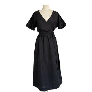 Gap Black Linen Minimalist Wrap Dress with Pockets